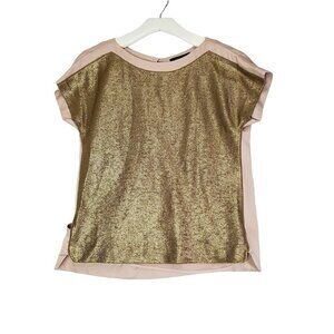 ANN TAYLOR Womens Blouse SZ‎ 2 Gold Metallic Glitter Splice Back Short Sleeve